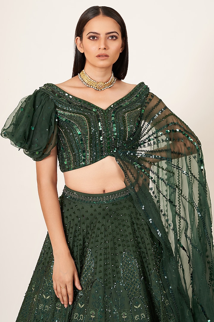 Bottle Green Embroidered Bridal Lehenga Set by Neha & Tarun at Pernia's Pop Up Shop