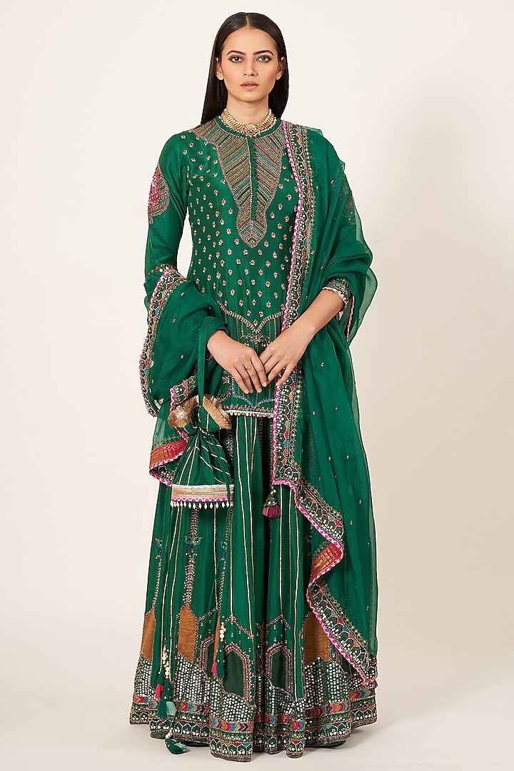 Emerald Green Satin Sharara Set by Neha & Tarun