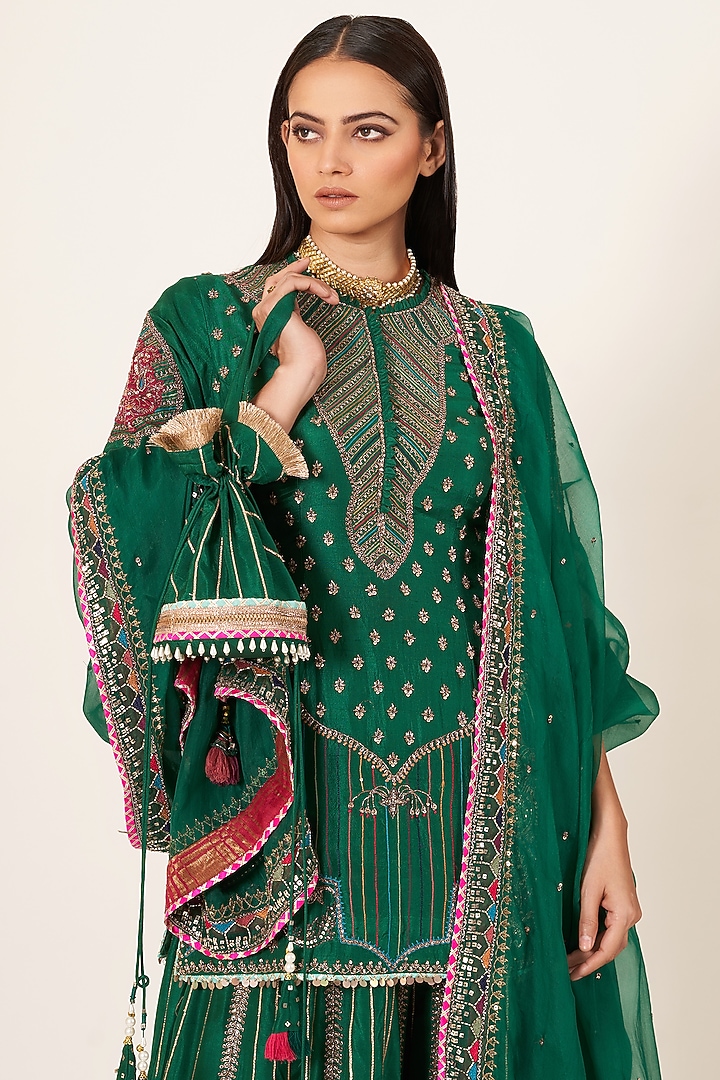 Emerald Green Satin Bridal Sharara Set by Neha & Tarun at Pernia's Pop Up Shop