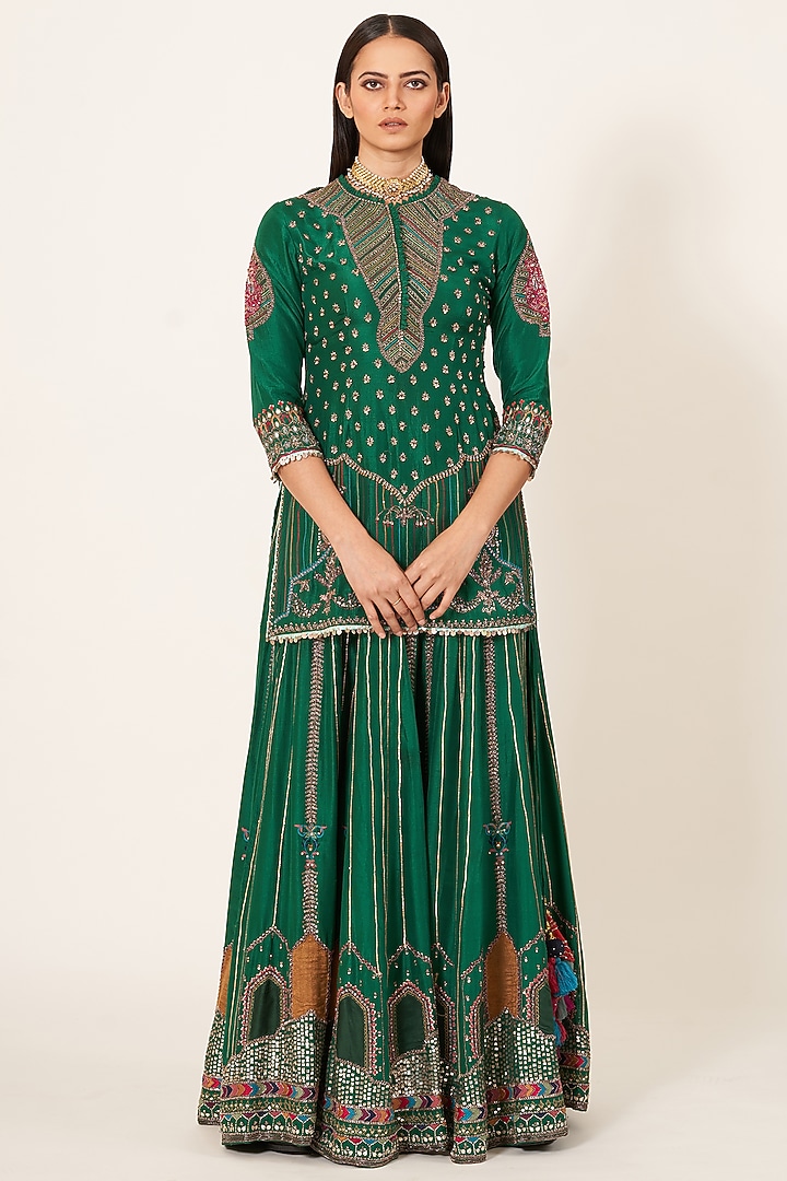 Emerald Green Satin Bridal Sharara Set by Neha & Tarun at Pernia's Pop Up Shop