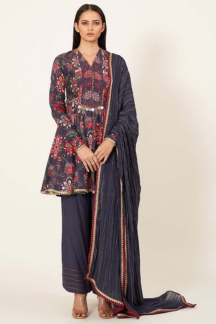 Navy Blue Embroidered Wedding Anarkali Set by Neha & Tarun at Pernia's Pop Up Shop