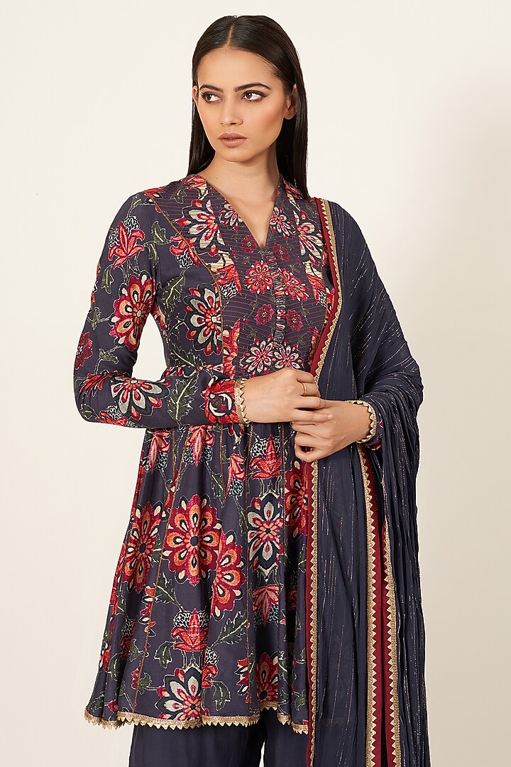 Navy Blue Embroidered Wedding Anarkali Set by Neha & Tarun at Pernia's Pop Up Shop