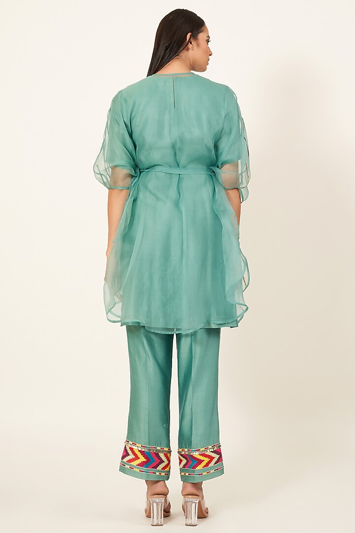 Teal Green Organza Kurta Set With Cape by Neha & Tarun at Pernia's Pop Up Shop