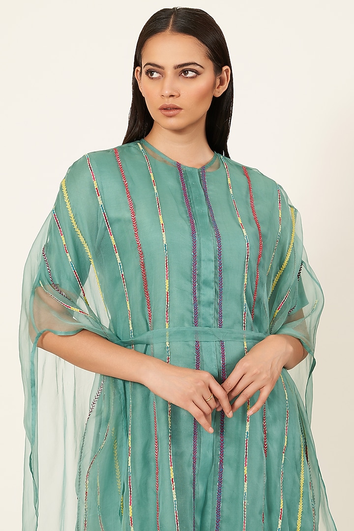 Teal Green Organza Kurta Set With Cape by Neha & Tarun at Pernia's Pop Up Shop