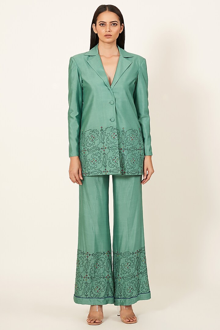 Teal Green Embroidered Blazer Set by Neha & Tarun