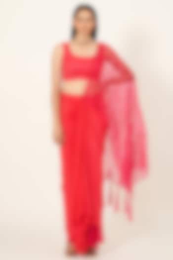 Fuchsia Pink Embroidered Pre-Stitched Saree Set by Neha & Tarun