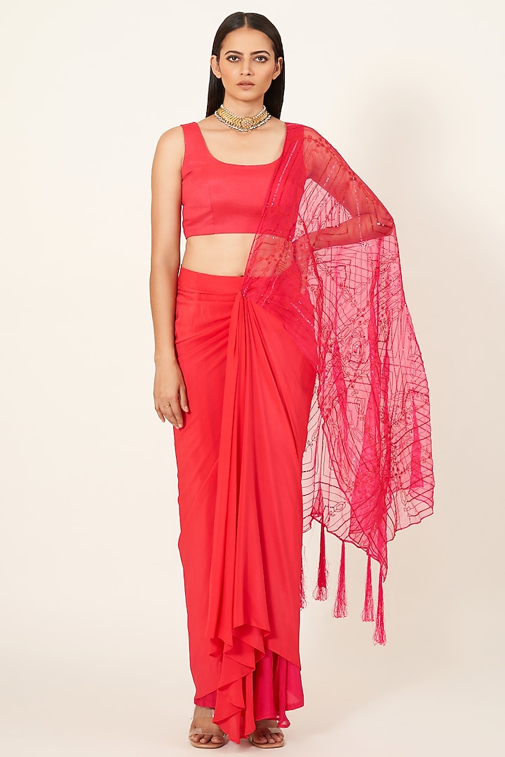Fuchsia Pink Embroidered Pre-Stitched Saree Set by Neha & Tarun
