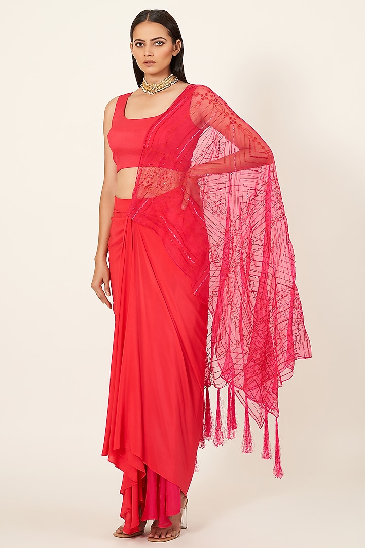 Fuchsia Pink Embroidered Pre-Stitched Wedding Saree Set by Neha & Tarun at Pernia's Pop Up Shop
