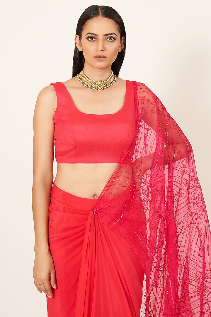 Fuchsia Pink Embroidered Pre-Stitched Wedding Saree Set by Neha & Tarun at Pernia's Pop Up Shop