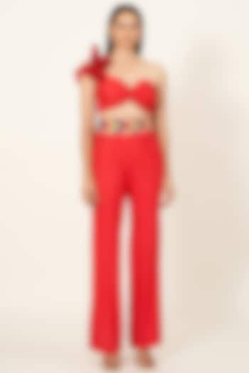 Red Cotton Silk Pant Set by Neha & Tarun at Pernia's Pop Up Shop