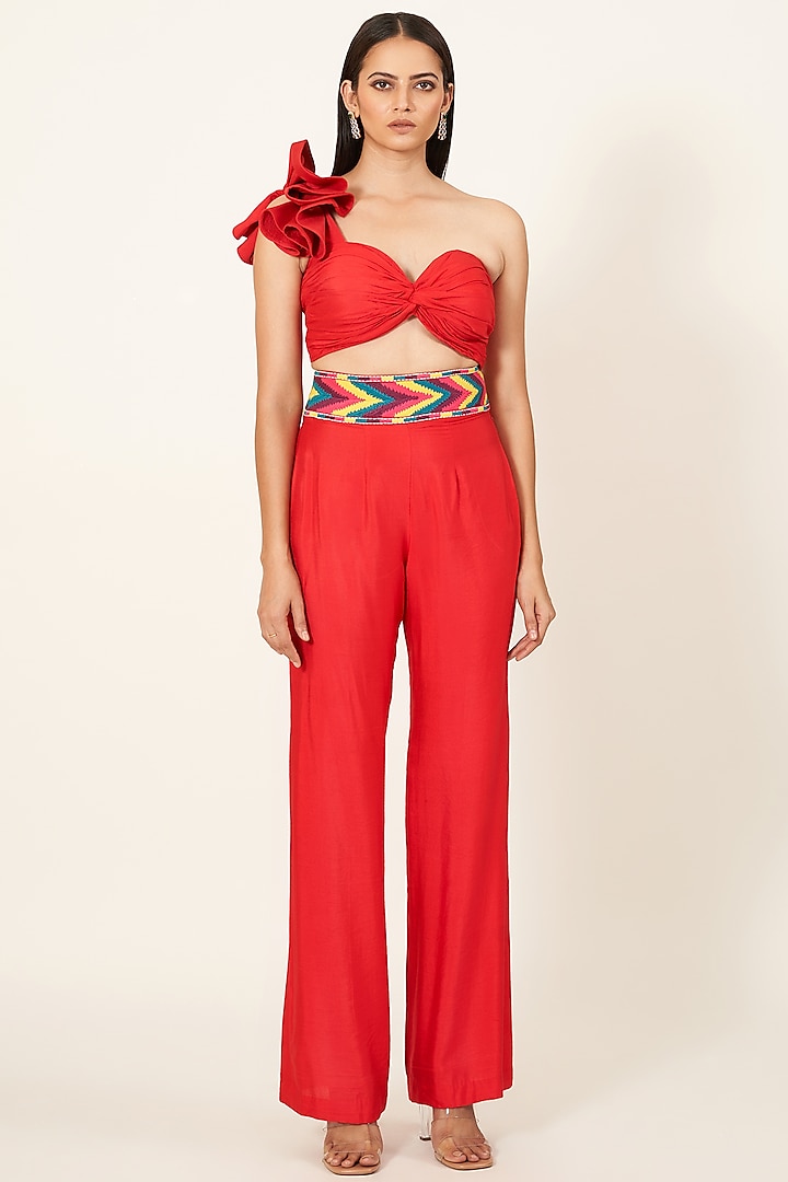 Red Cotton Silk Pant Set by Neha & Tarun at Pernia's Pop Up Shop