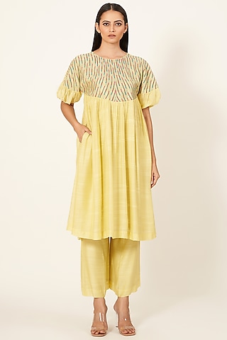 Yellow Cotton Viscose Kurta Set by Neha & Tarun