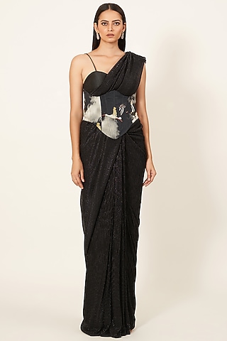 Black Metallic Shimmer Saree Set by Neha & Tarun