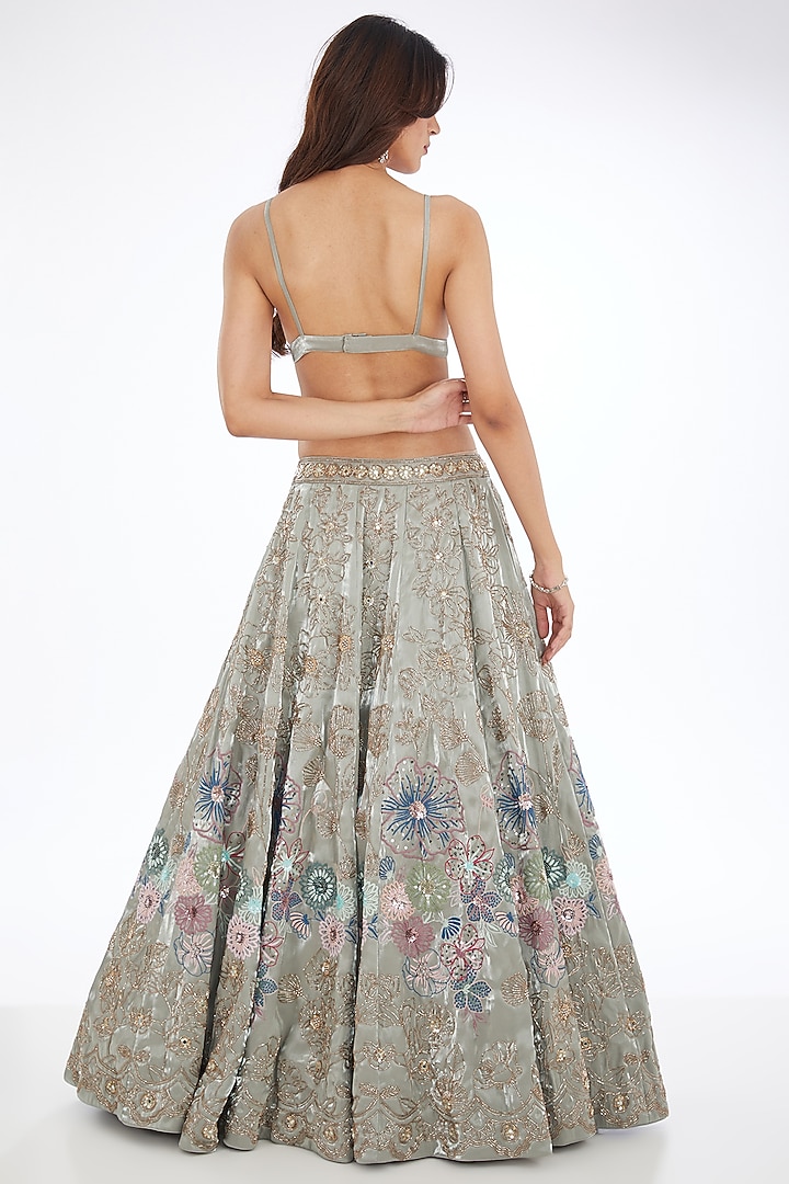 Green Satin Organza Hand Embroidered Bridal Lehenga Set by Neha & Tarun at Pernia's Pop Up Shop