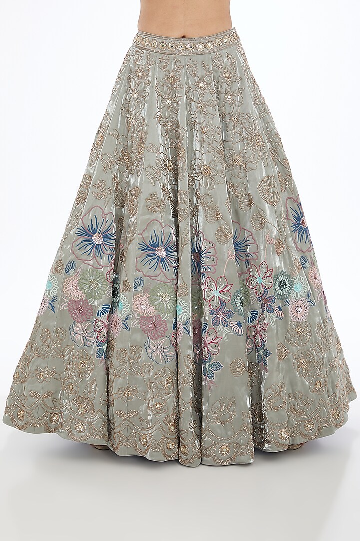 Green Satin Organza Hand Embroidered Bridal Lehenga Set by Neha & Tarun at Pernia's Pop Up Shop