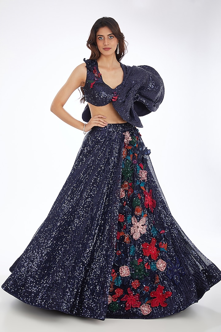 Blue Sequined Tulle Applique Embroidered Lehenga Set by Neha & Tarun