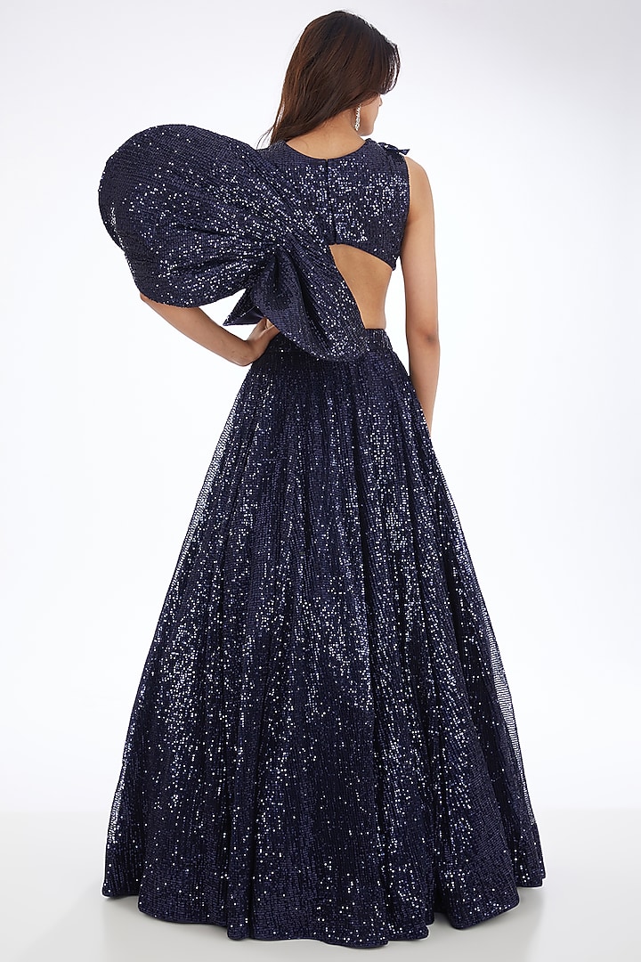 Blue Sequined Tulle Applique Embroidered Wedding Lehenga Set by Neha & Tarun at Pernia's Pop Up Shop