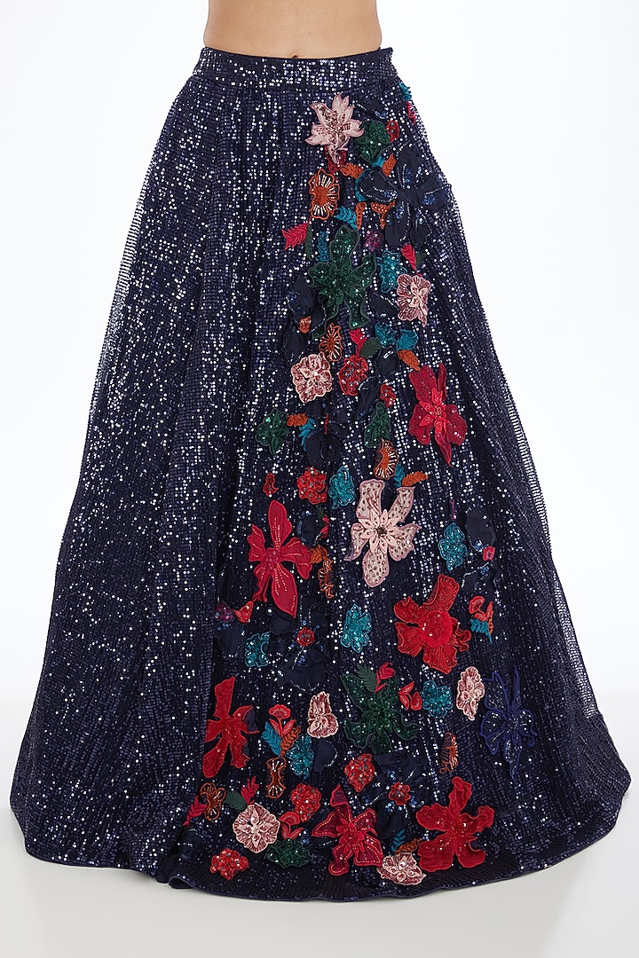 Blue Sequined Tulle Applique Embroidered Wedding Lehenga Set by Neha & Tarun at Pernia's Pop Up Shop