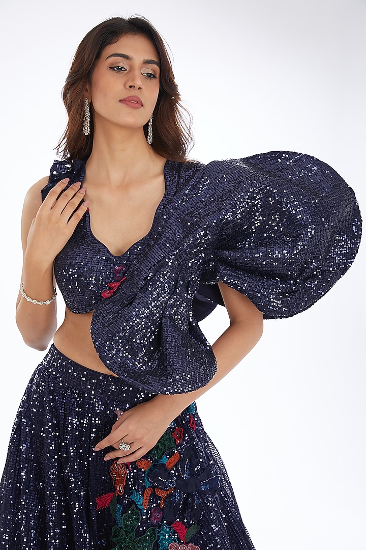 Blue Sequined Tulle Applique Embroidered Wedding Lehenga Set by Neha & Tarun at Pernia's Pop Up Shop