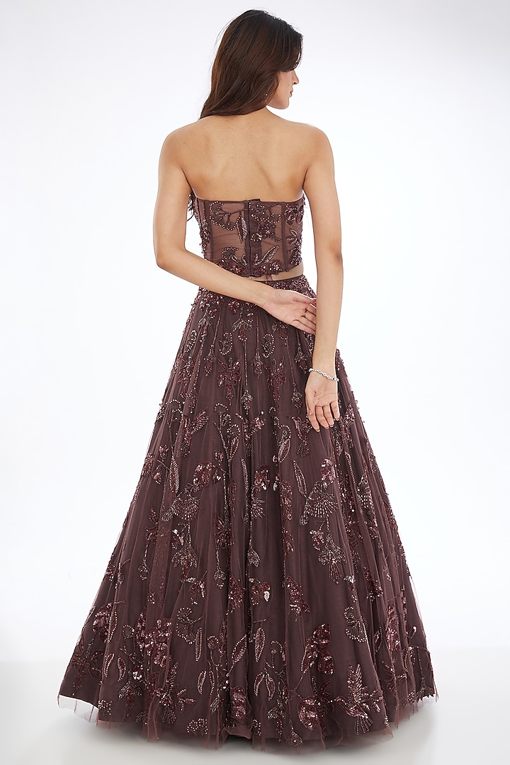 Maroon Tulle Applique Embroidered Bridal Lehenga Set by Neha & Tarun at Pernia's Pop Up Shop