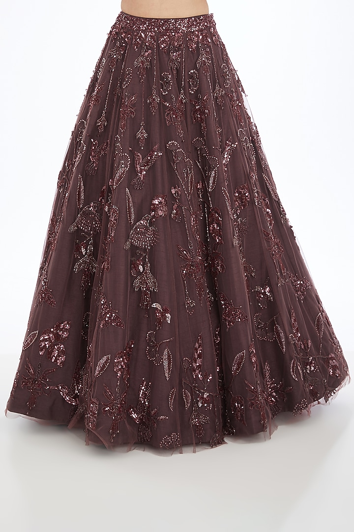 Maroon Tulle Applique Embroidered Bridal Lehenga Set by Neha & Tarun at Pernia's Pop Up Shop