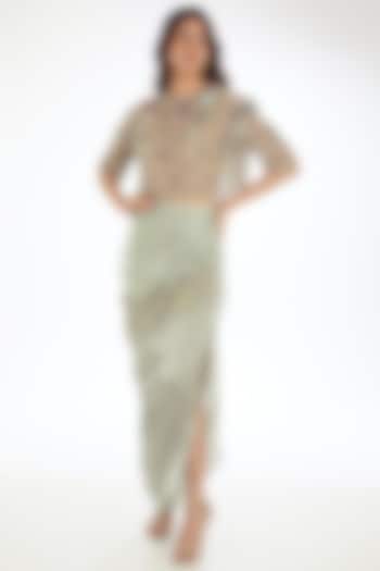 Green Satin Crepe Embroidered Draped Skirt Set by Neha & Tarun