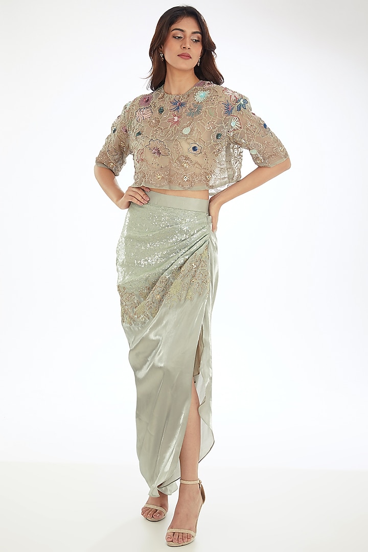 Green Satin Crepe Embroidered Draped Skirt Set by Neha & Tarun