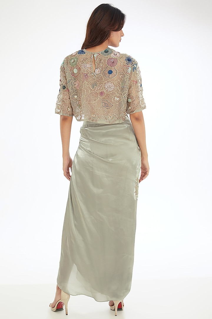 Green Satin Crepe Embroidered Draped Skirt Set by Neha & Tarun at Pernia's Pop Up Shop