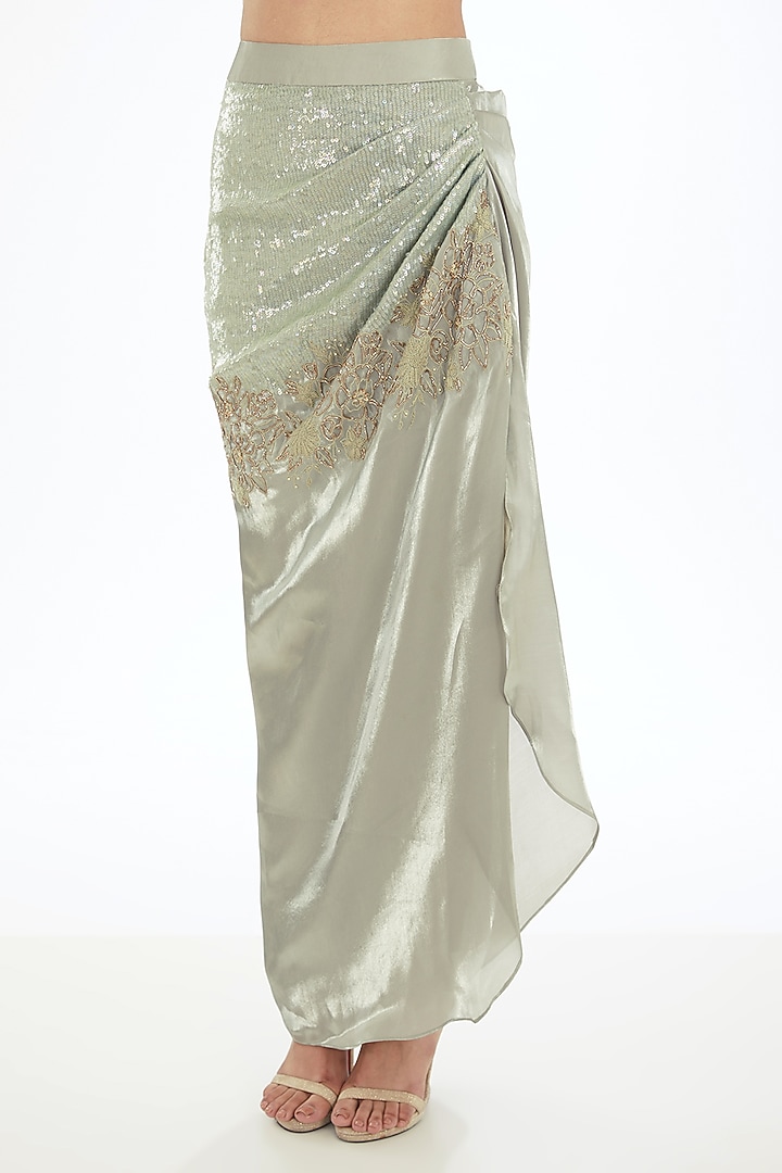 Green Satin Crepe Embroidered Draped Skirt Set by Neha & Tarun at Pernia's Pop Up Shop