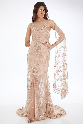 Pink Tulle Pearl Embroidered Gown Saree by Neha & Tarun