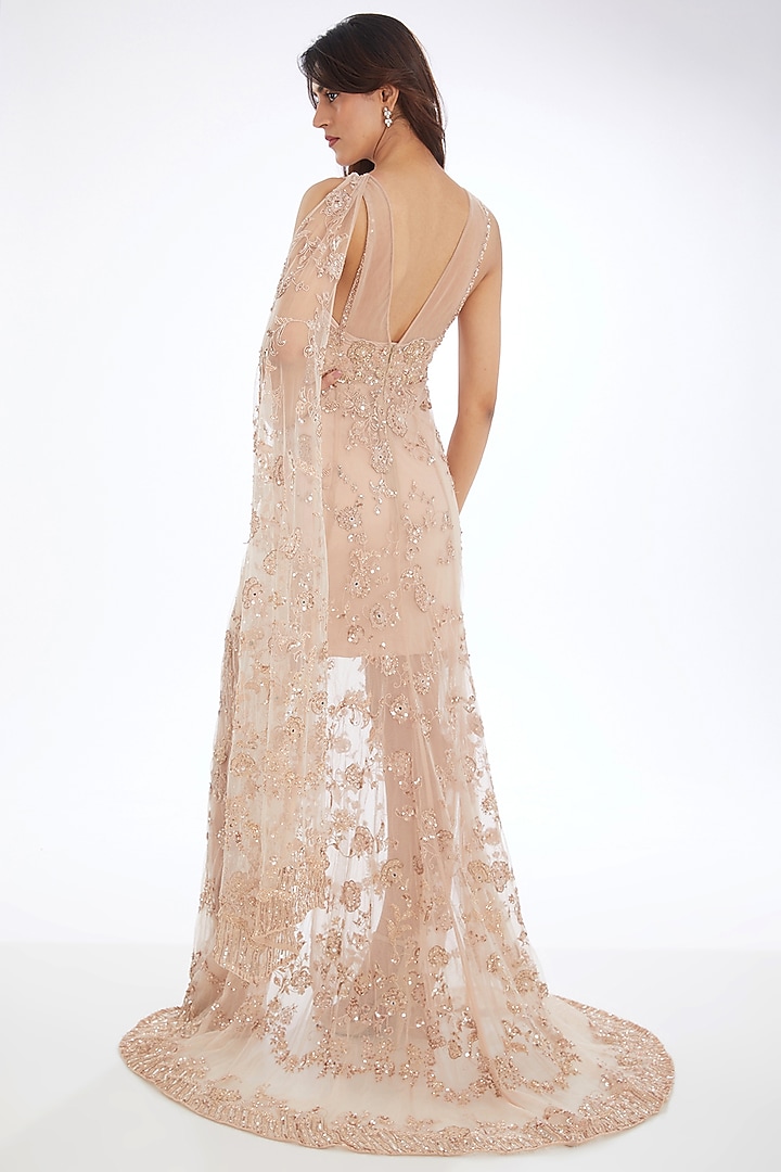 Pink Tulle Pearl Embroidered Wedding Gown Saree by Neha & Tarun at Pernia's Pop Up Shop