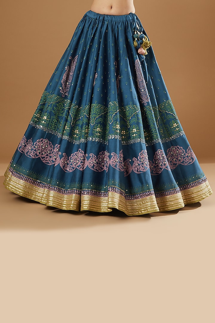 Sapphire Blue Embroidered & Printed Wedding Lehenga Set by Neha & Tarun at Pernia's Pop Up Shop
