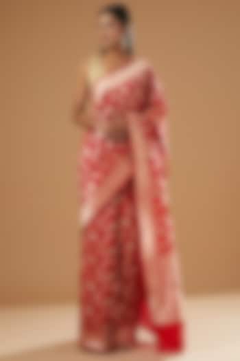 Red Pure Katan Silk Handwoven Banarasi Wedding Saree by Neha & Tarun at Pernia's Pop Up Shop