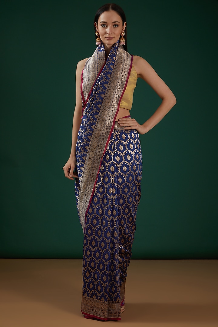 Cobalt Blue Handwoven Banarasi Saree Set by Neha & Tarun