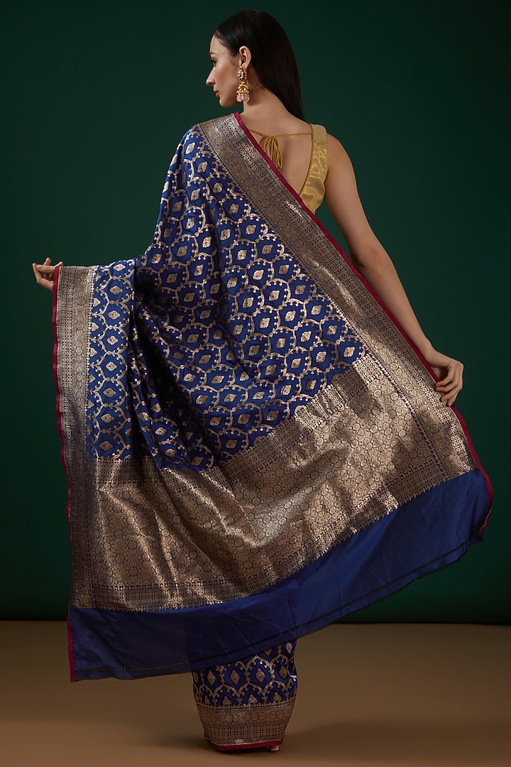 Cobalt Blue Handwoven Banarasi Wedding Saree Set by Neha & Tarun at Pernia's Pop Up Shop