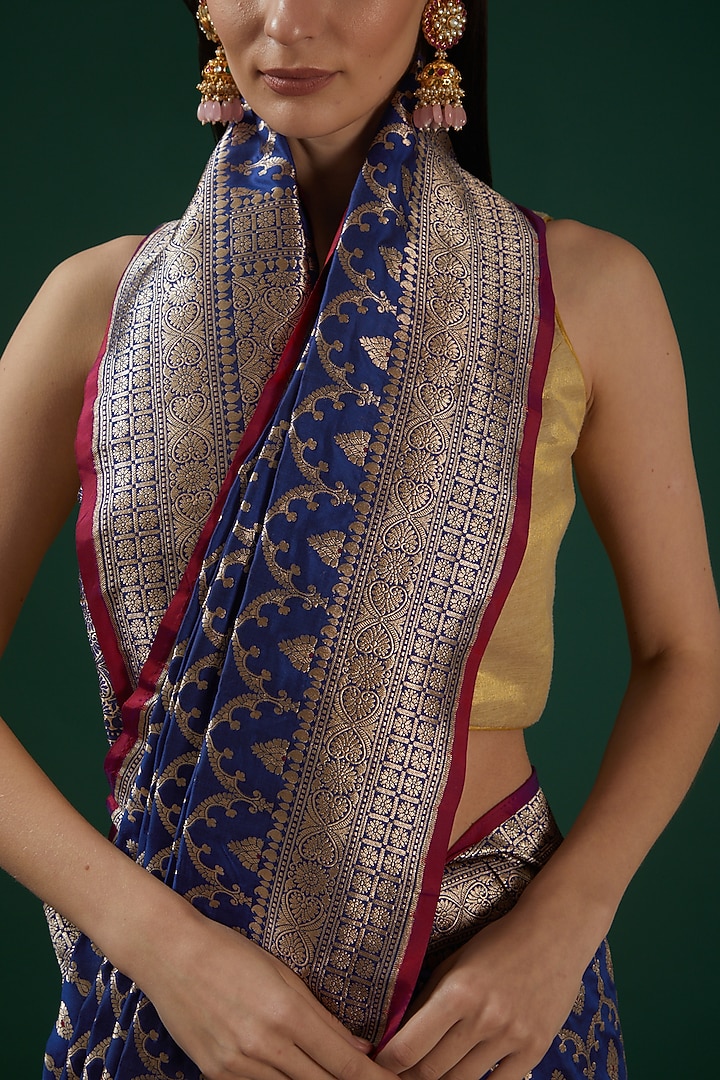 Cobalt Blue Handwoven Banarasi Wedding Saree Set by Neha & Tarun at Pernia's Pop Up Shop