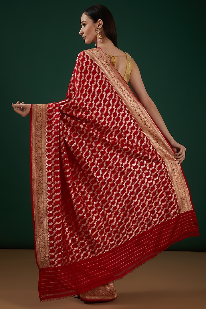 Red Pure Katan Silk Handwoven Banarasi Wedding Saree by Neha & Tarun at Pernia's Pop Up Shop