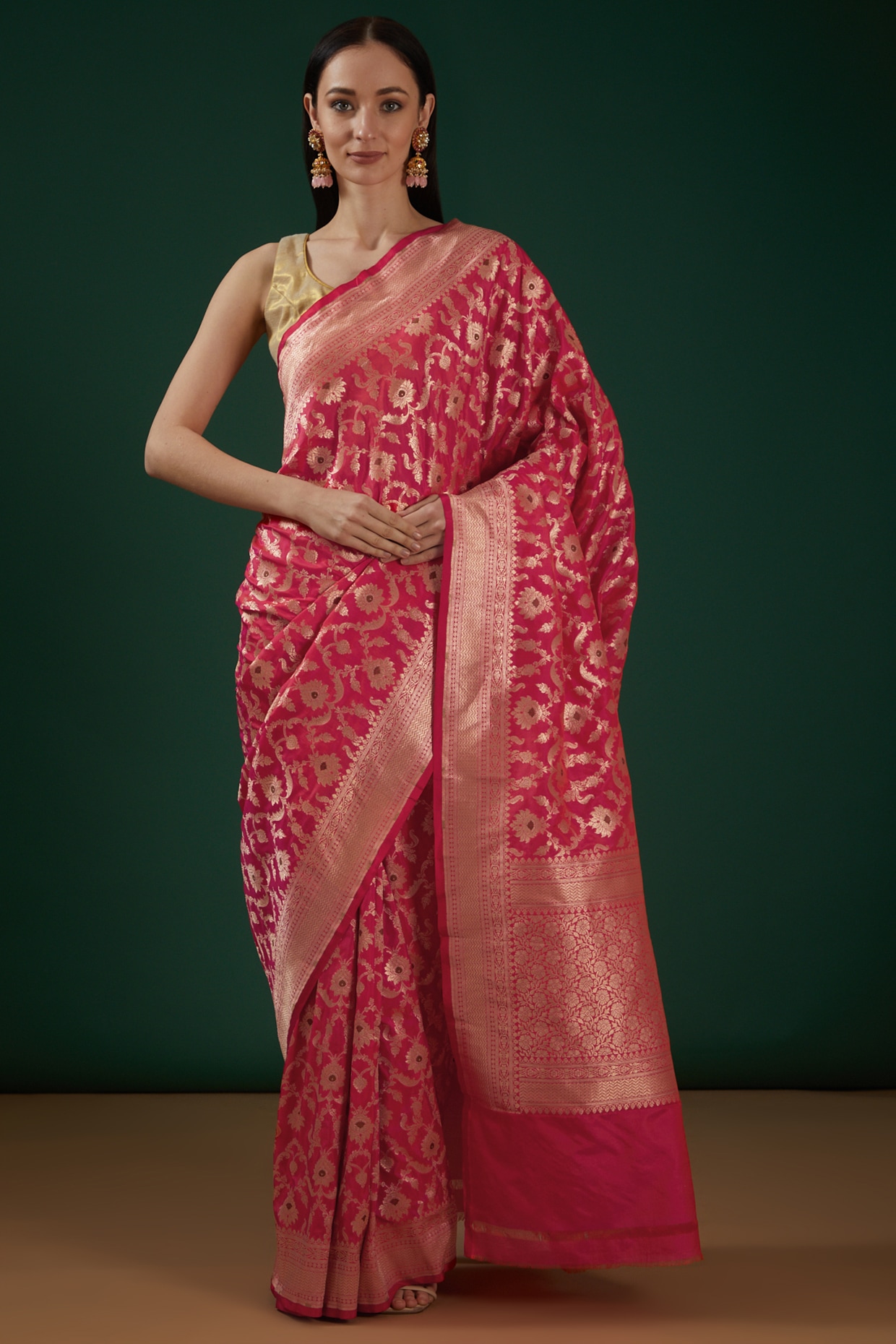 Buy Banarasi Silk Works Pink Satan Woven Saree with Unstitched Blouse online