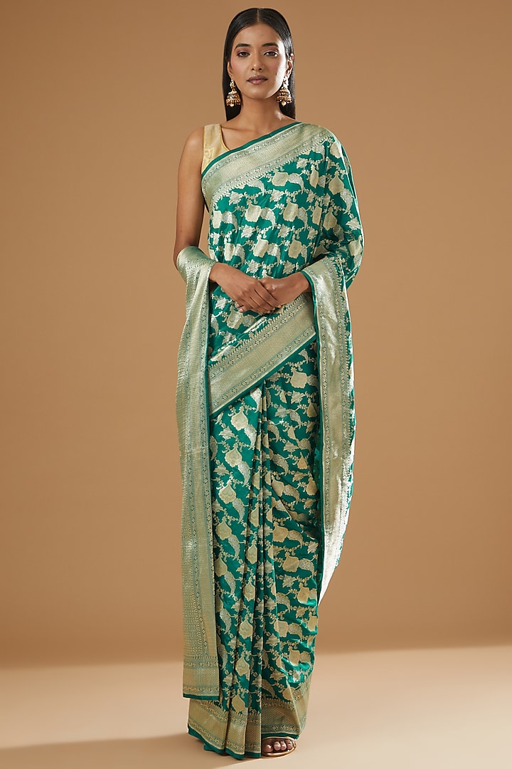 Turquoise Pure Katan Silk Handwoven Banarasi Saree by Neha & Tarun