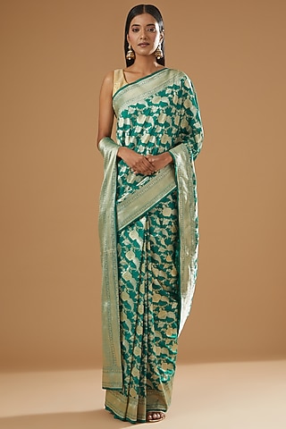 Turquoise Pure Katan Silk Handwoven Banarasi Saree by Neha & Tarun