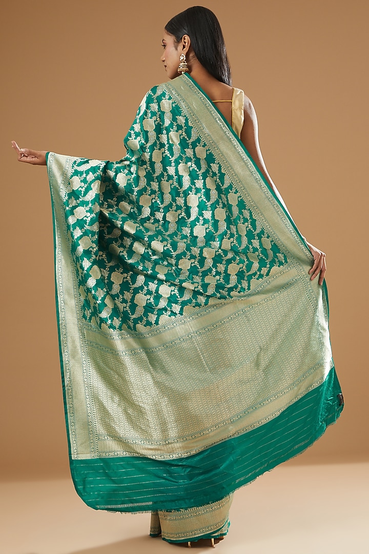 Turquoise Pure Katan Silk Handwoven Banarasi Wedding Saree by Neha & Tarun at Pernia's Pop Up Shop
