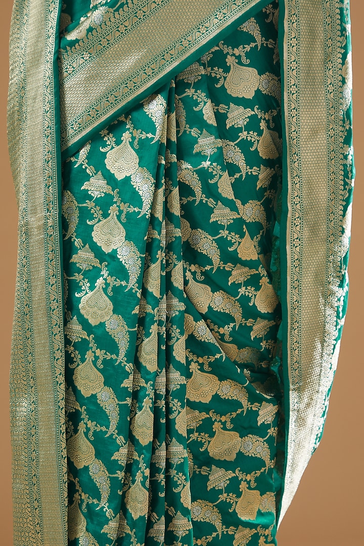 Turquoise Pure Katan Silk Handwoven Banarasi Wedding Saree by Neha & Tarun at Pernia's Pop Up Shop