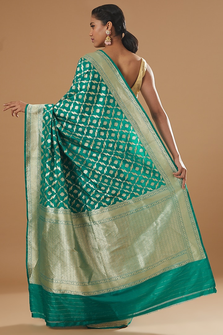 Turquoise Pure Katan Silk Handwoven Banarasi Wedding Saree by Neha & Tarun at Pernia's Pop Up Shop