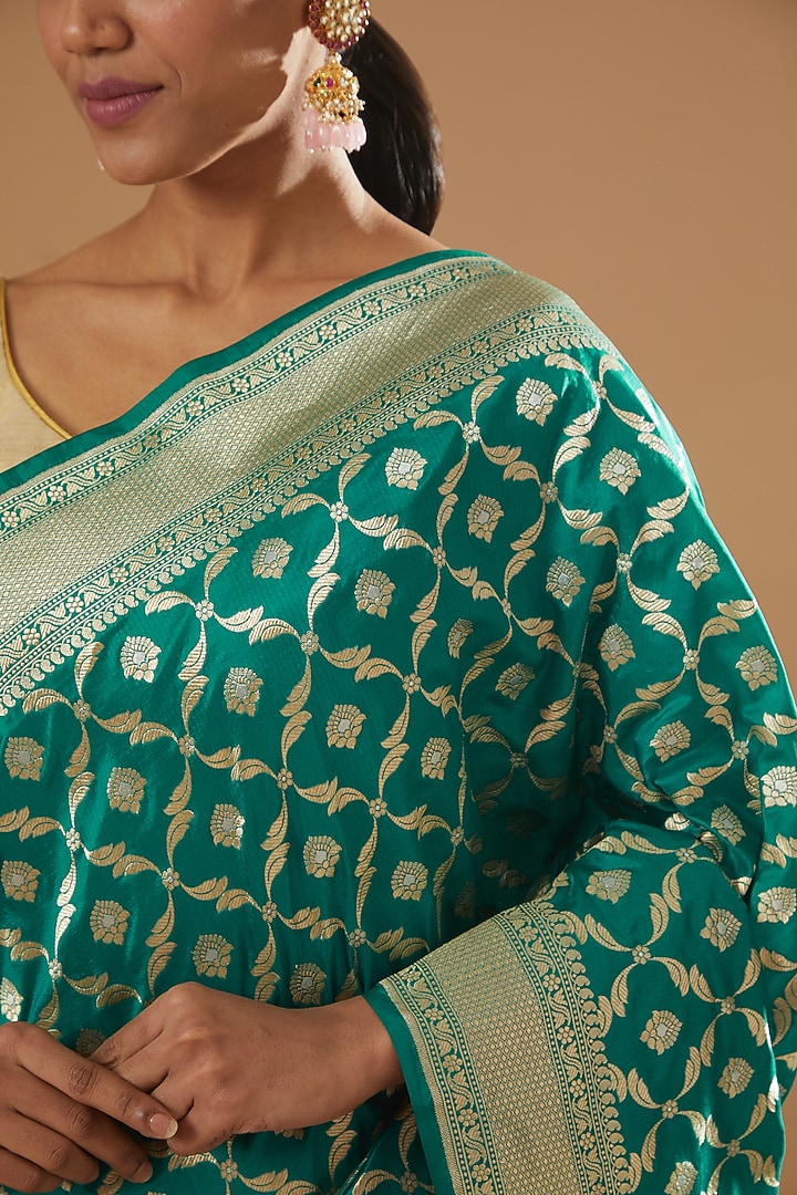 Turquoise Pure Katan Silk Handwoven Banarasi Wedding Saree by Neha & Tarun at Pernia's Pop Up Shop