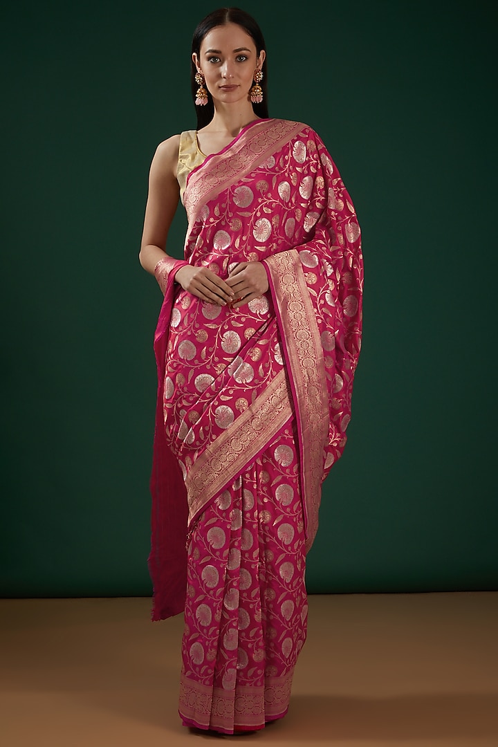Red Pure Katan Silk Handwoven Banarasi Saree by Neha & Tarun