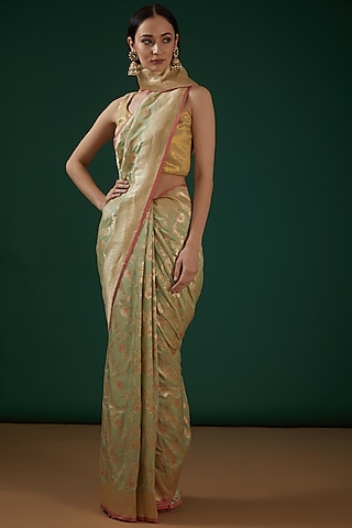 Olive Green Pure Katan Silk Handwoven Banarasi Saree by Neha & Tarun