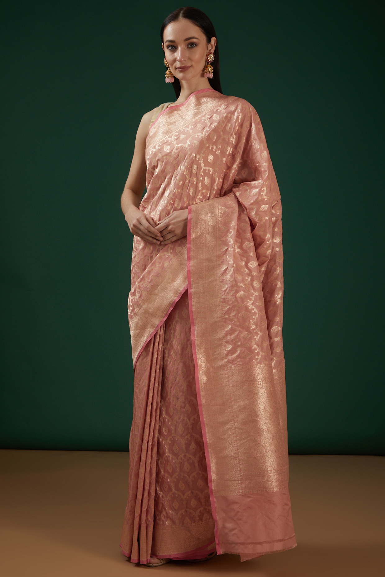 Contessa Pink and Green Banarasi Saree with Kachhi,Mirror and Diamond –  MySilkLove