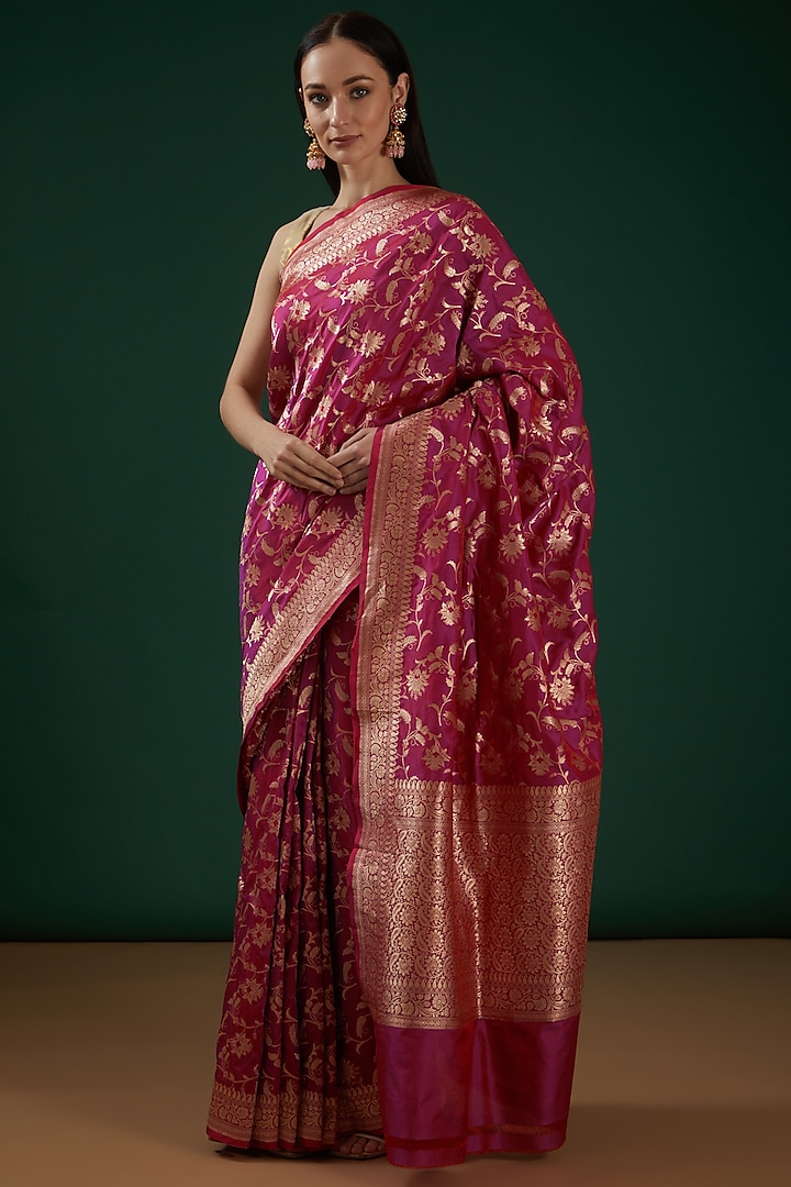 Pink Handwoven Banarasi Saree Set by Neha & Tarun