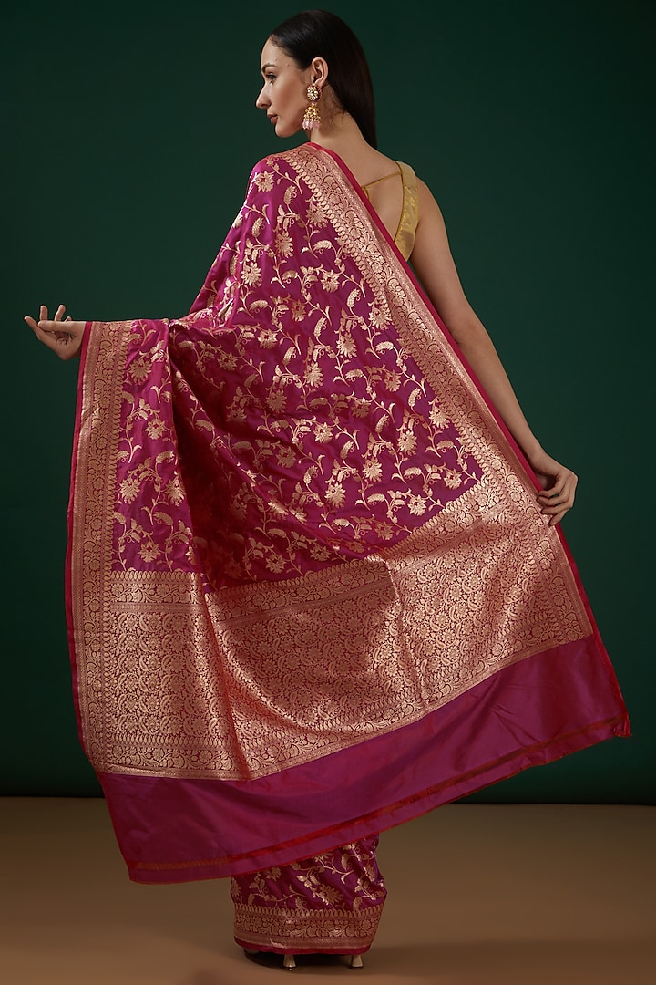 Pink Pure Katan Silk Handwoven Banarasi Wedding Saree by Neha & Tarun at Pernia's Pop Up Shop
