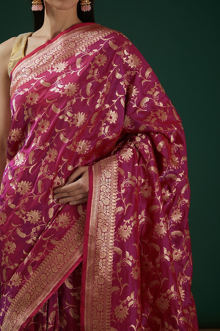 Pink Pure Katan Silk Handwoven Banarasi Wedding Saree by Neha & Tarun at Pernia's Pop Up Shop